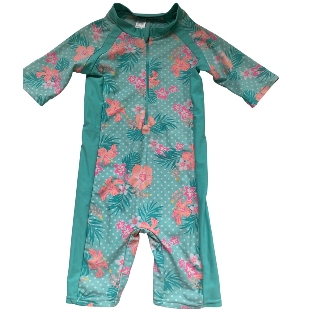 Girls Floral Polka Dot Rash Guard One Piece Swimsuit Teal Pink Size 4 Years